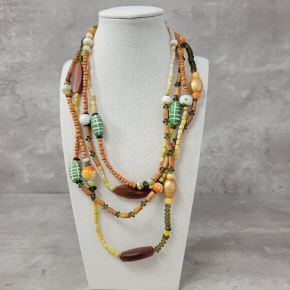 Vintage Layered Bead Necklace Wood Glass Ceramic Multi Strand Boho 19 Inch Jewel - Picture 1 of 14